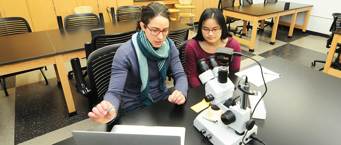 Professor and student working in a University of Maine at Farmington science lab