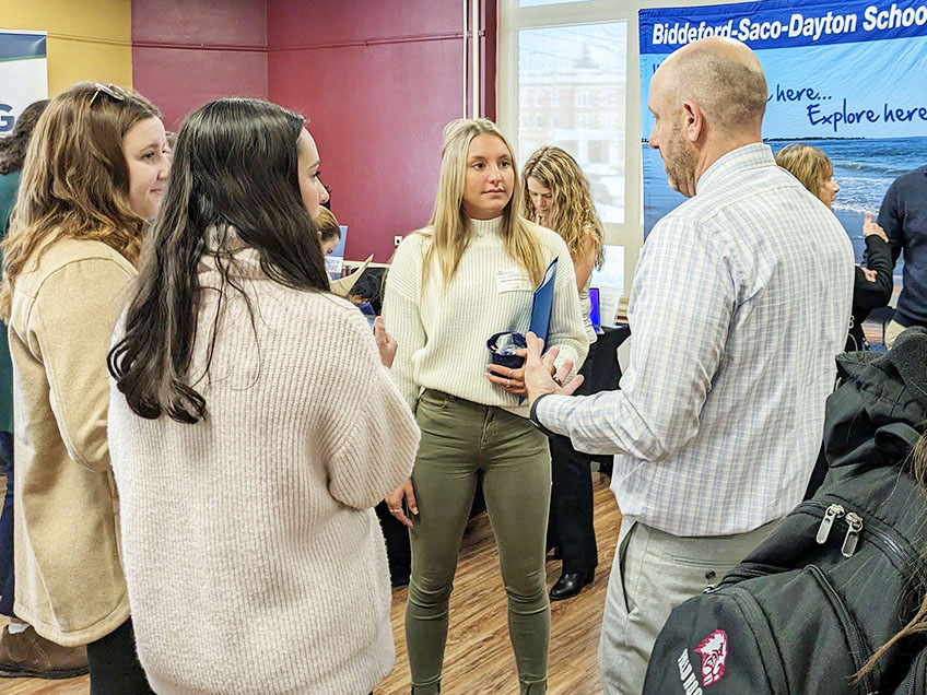 Students at an on campus job fair