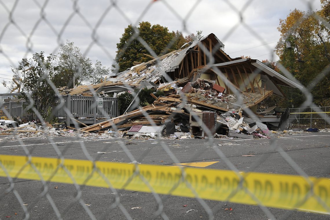 What's left of the two-story headquarters of LEAP, following the explosion on Monday, Sept. 16, 2019.