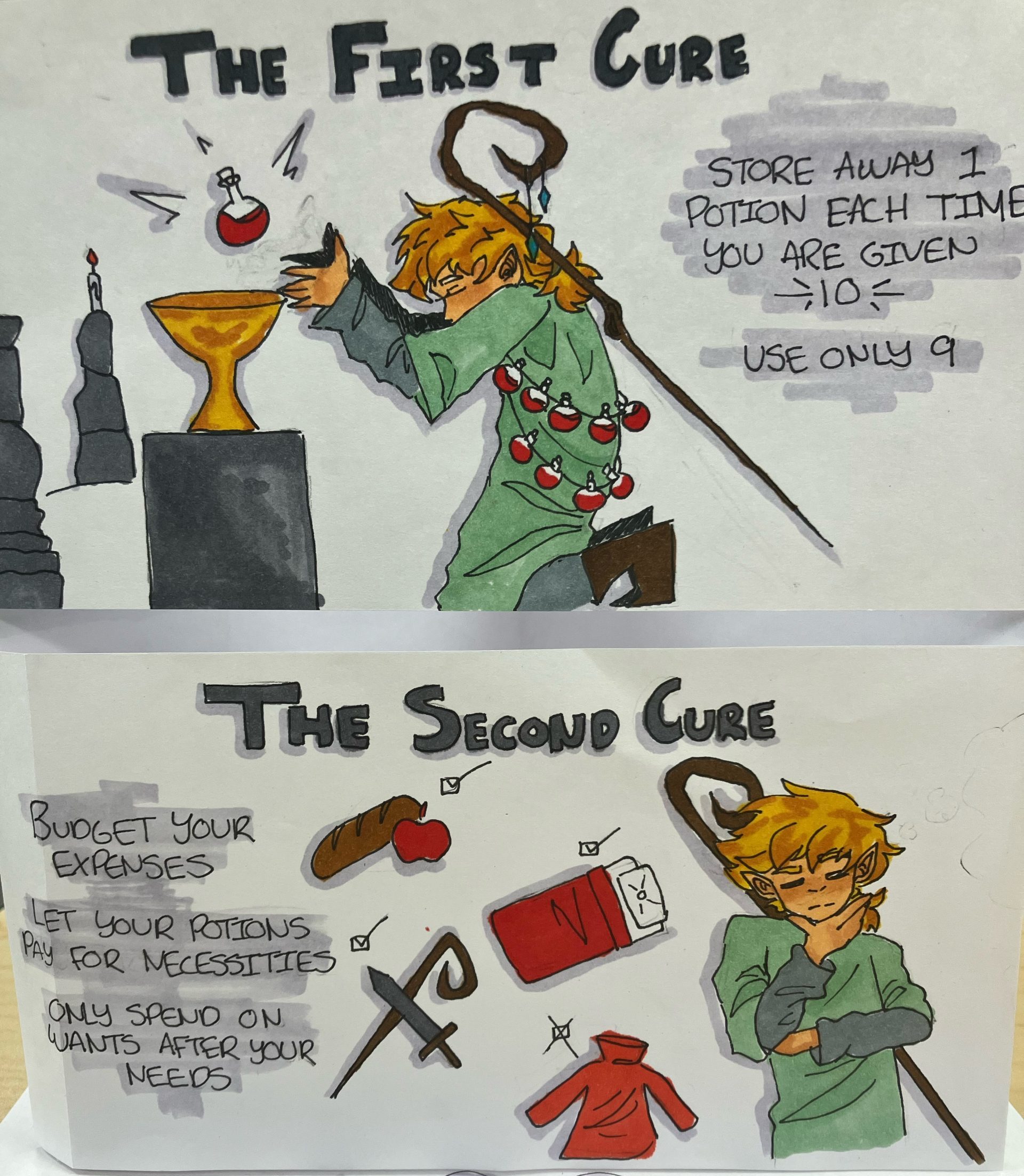 Photograph of student-created comic. The first panel shows a mage kneeling in front of a goblet with a potion hovering over it with the title "The First Cure" and the caption reading "store away 1 potion each time you are given 10. use only 9." The second panel, titled "the second cure" shows the same character in a contemplative pose next to a checklist of items, and includes the caption "budget your expenses , let your potions pay for necessities, only spend on wants after your needs."