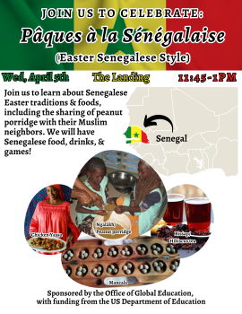 Picture of Senegalese Easter traditions event flyer with food, tea and mancala