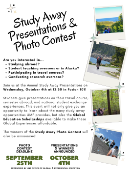 Study Away Presentations and Photo Contest Announcement flyer