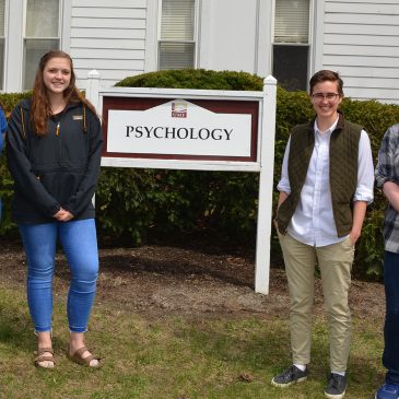(From left to right) First grads in UMF’s Psychology 3+2 program: Charity LaFrance, Haley West, Oak Blaisdell, and Lilyan Ray. Kyla Antonioli is not pictured.