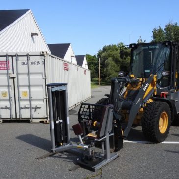 A forklift used for moving weightlifting equipment out of the Fitness and Recreation Center.