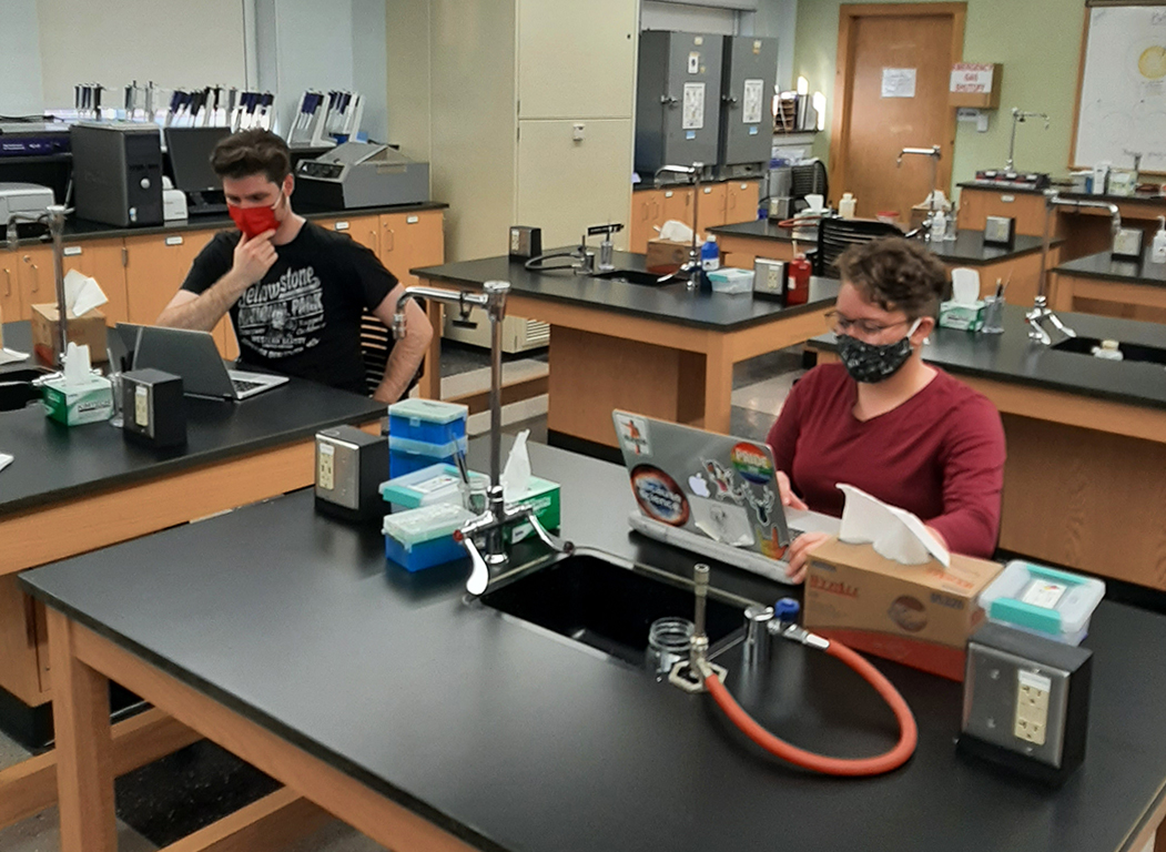 Anyssa Phaneuf (right) conducting a computer analysis for the national research project that resulted in the new gene discovery with teammate Andrew Wilcox (left.)