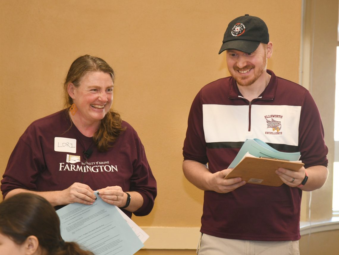 : (Left to right) Lori Koban, UMF professor of mathematics and director of UMF’s Actuarial Science program, is joined by Tristan Bates, teacher at Ellsworth High School and UMF alumnus of the Class of 2010.