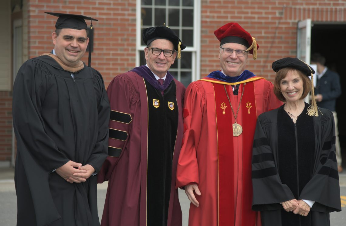 (Left to right) Owen McCarthy, member of the  University of Maine System Board of Trustees, University of Maine System Chancellor Danell Malloy, UMF President Joseph McDonnell and UMF Commencement Speaker Monica Wood.